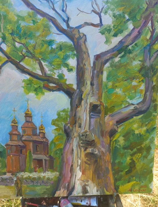 Відома київська художниця присвятила картину гайдамацькому дубу й козацькій церкві у Холодному Яру